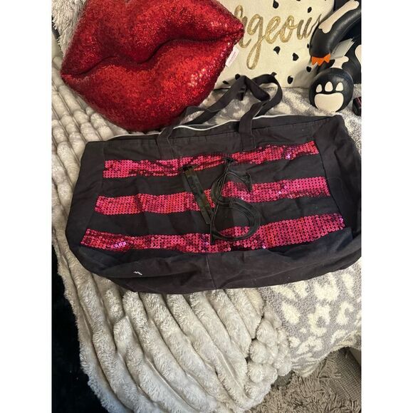Victoria's Secret Handbags - Victorias secret VS pink black sequin stripe tote bag/weekender